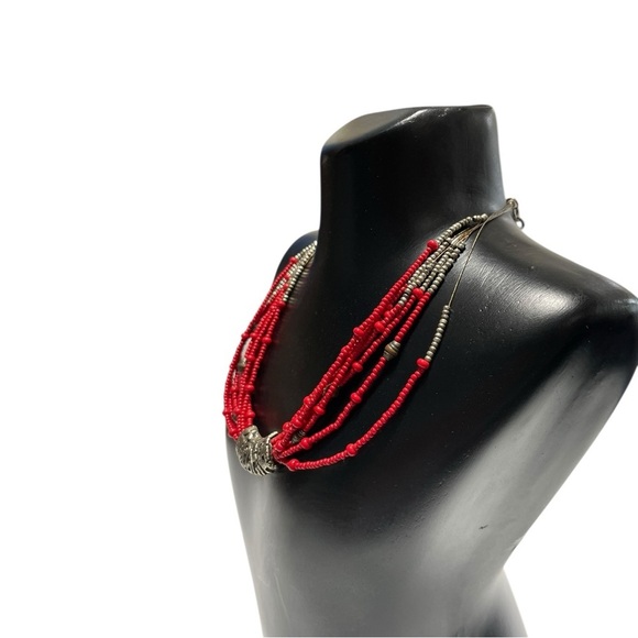 Chico’s Red and Silver Beaded Necklace, Choker, Vintage. Tribal charm design - Picture 2 of 10